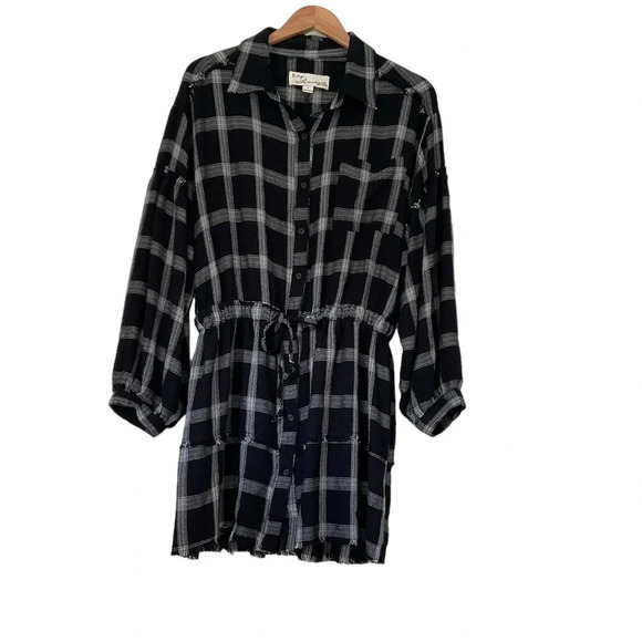 Vintage Havana Dress S Black White Plaid Puff Sleeve Raw HemTie Waist Oversized - Picture 1 of 12